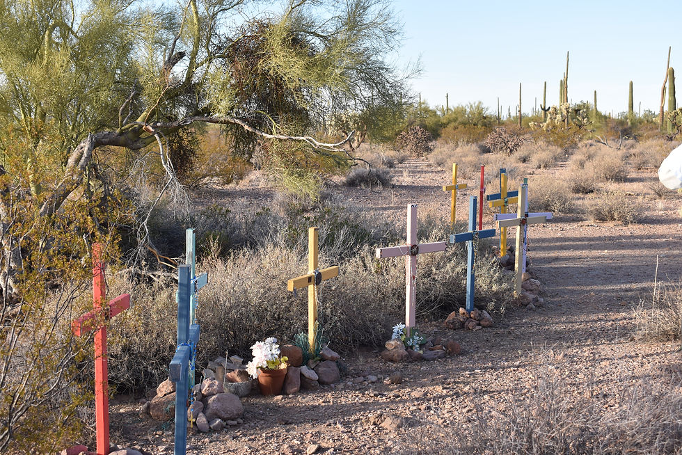 Thirteen crosses mark the location where Dora and her companions were found in the desert.