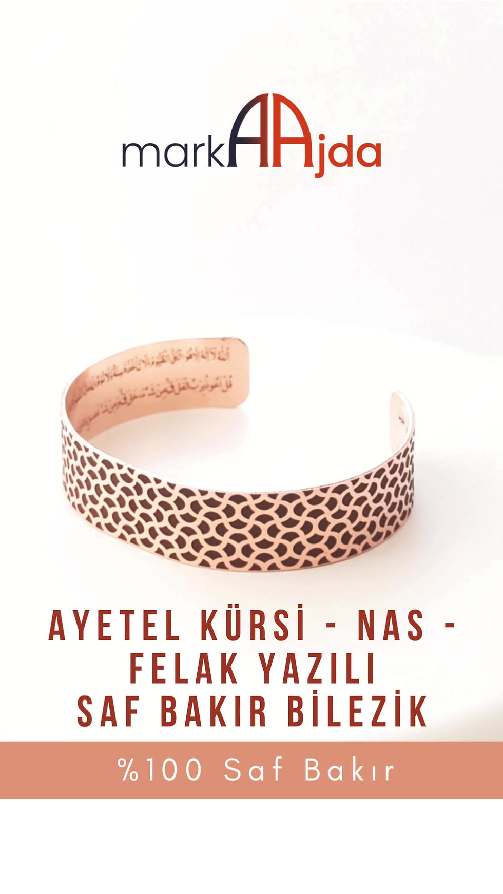 Küçük resim: Özel Tasarım İçinde Ayetel Kürsi Nas Felak Yazılı Bakır Bilezik - Saf Bakır