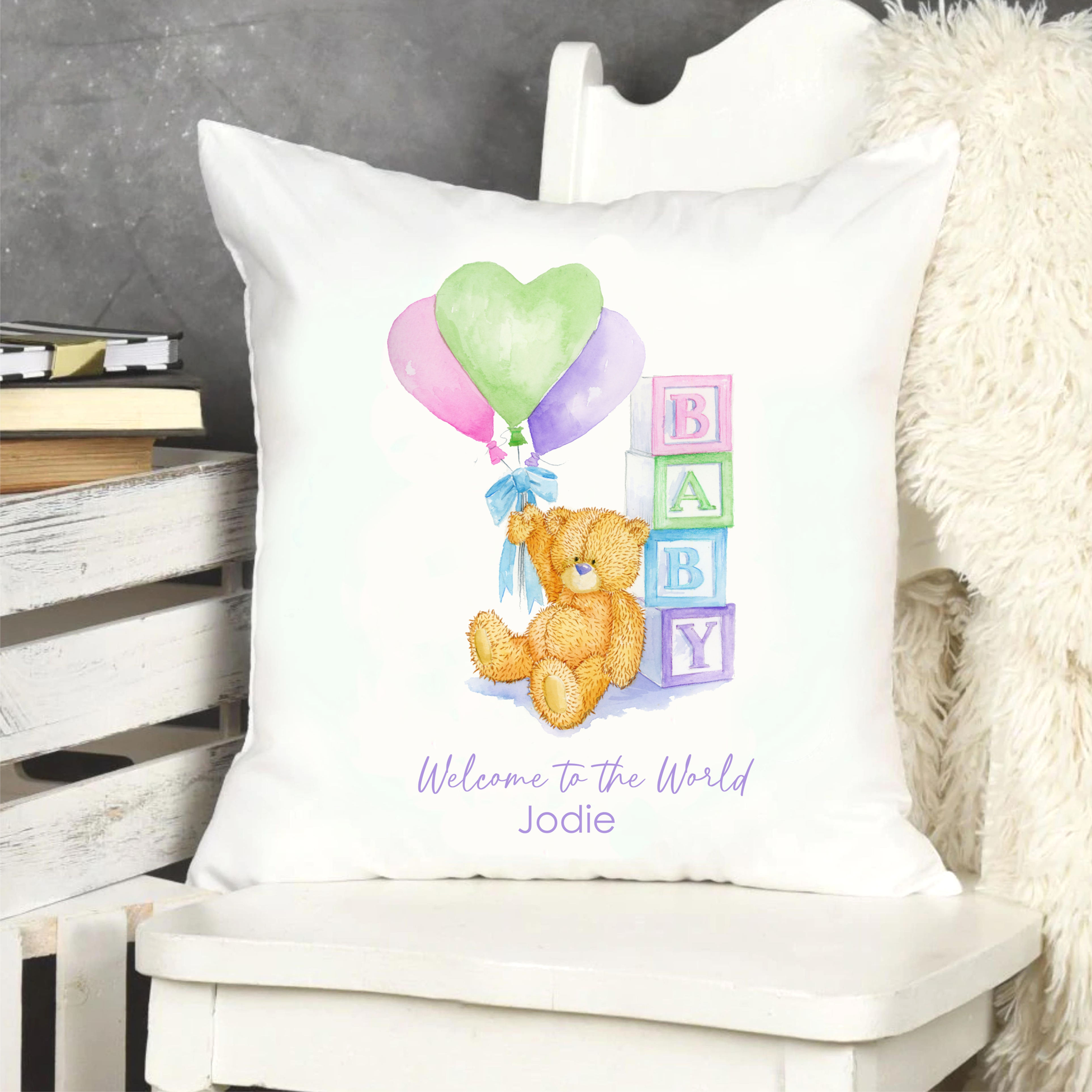Personalised Bear and Blocks Blue Bow Cushion