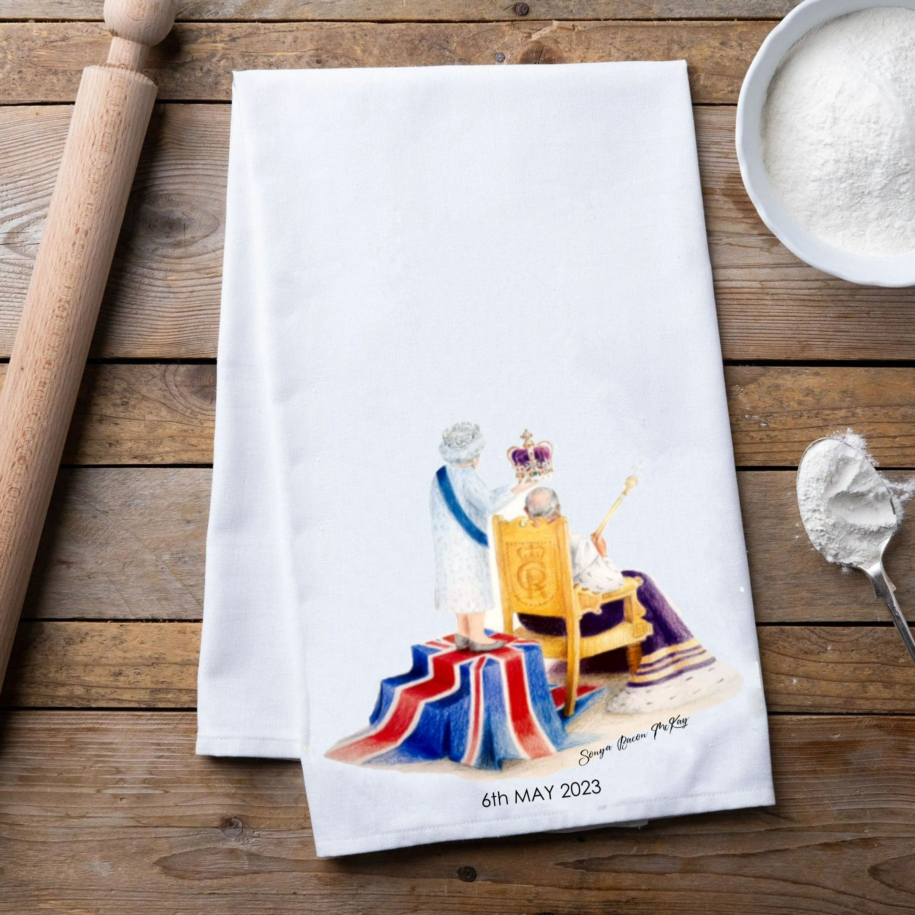 King Charles III and Queen Elizabeth II Tea Towel
