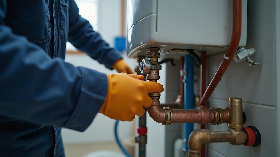 Close-up view of a plumber connecting pipes to a tankless water heater