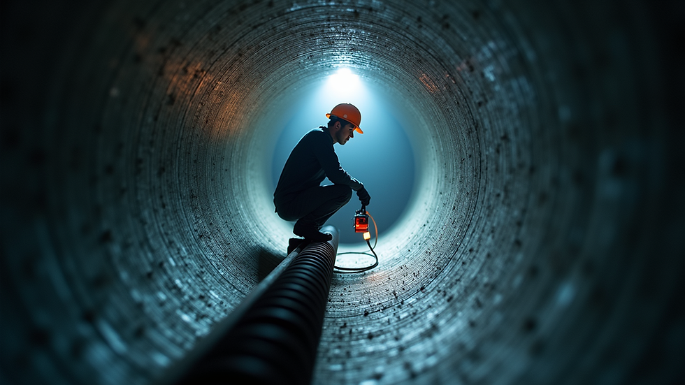 Eye-level view of a technician using a video pipe inspection camera inside a pipe