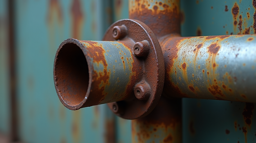 Close-up view of corroded galvanized pipe with rust