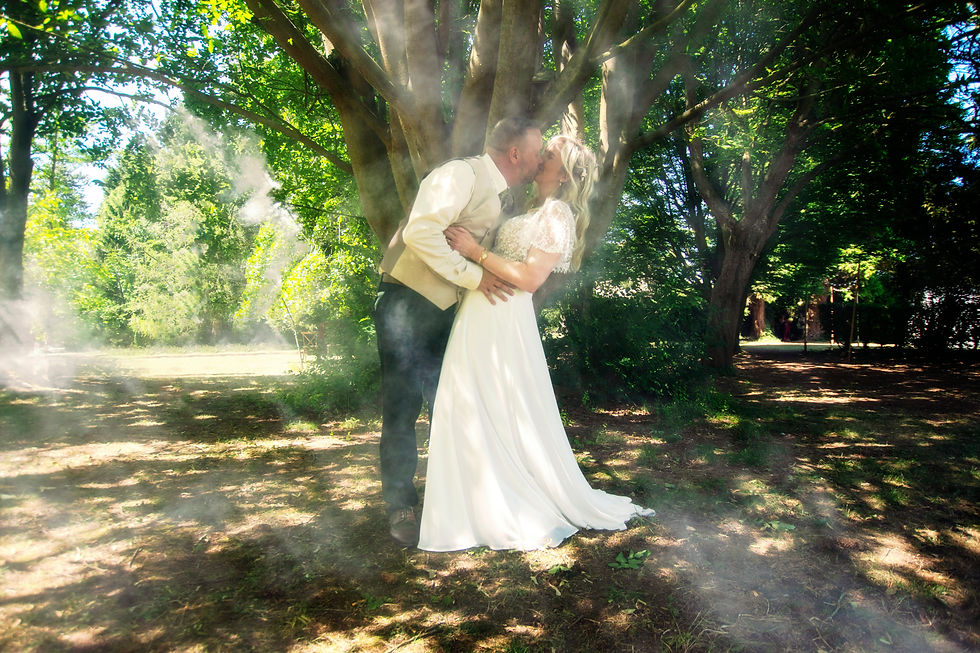 A bride and groom kiss beneath the dappled shade of a tree.