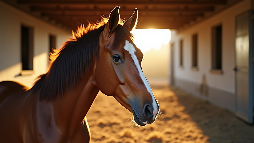 Close-up view of a horse calmly standing in a sunlit stable