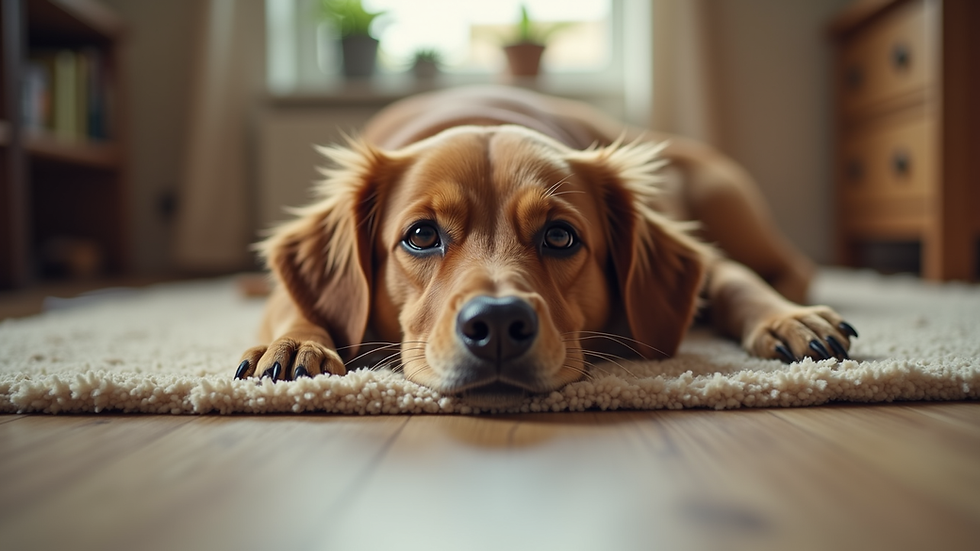 Eye-level view of a calm dog lying on a cozy floor