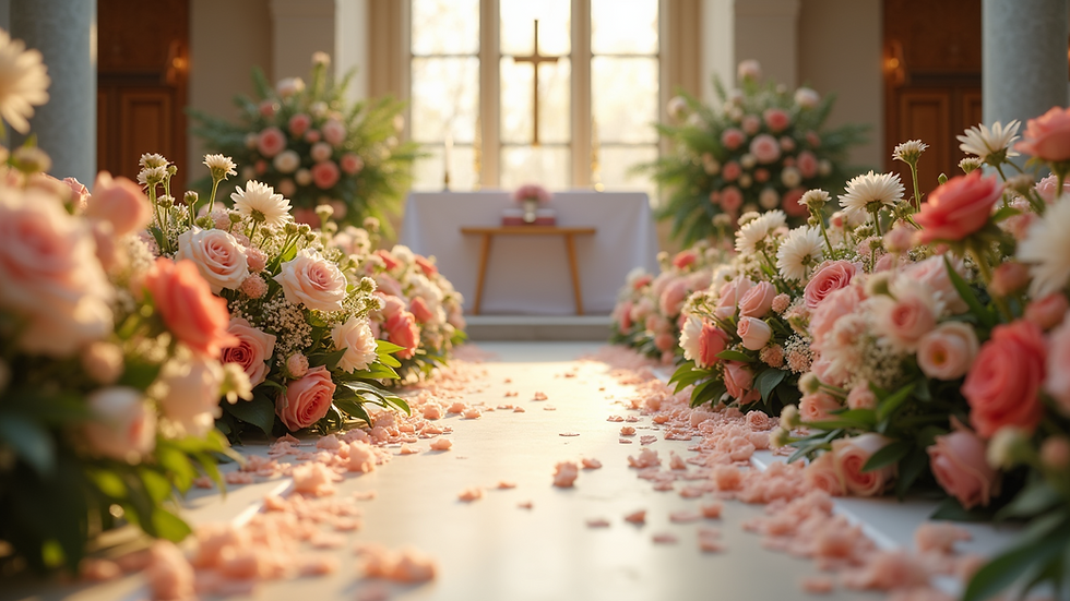 Eye-level view of a beautifully decorated wedding altar surrounded by flowers