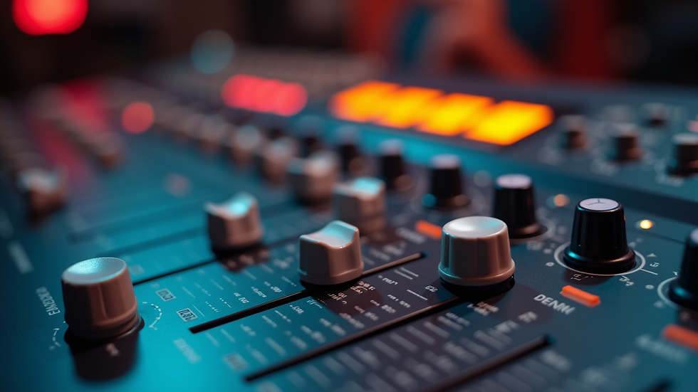 Close-up view of a mixing console with faders and knobs