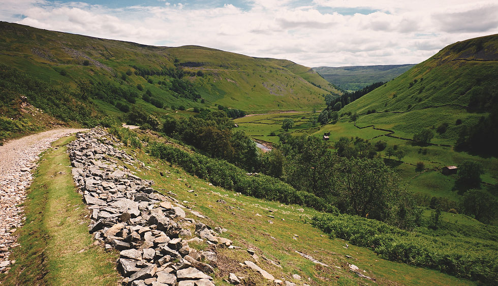 Stone pathway through rolling countryside representing healing, self-compassion and emotional growth.