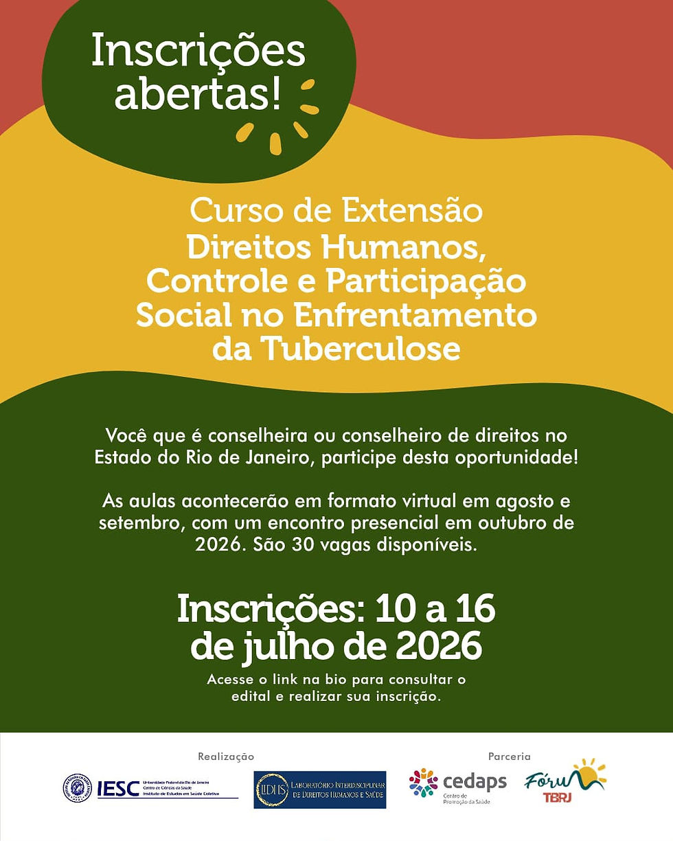 Inscrições abertas para o Curso de Extensão "Direitos Humanos, Controle e Participação Social no Enfrentamento da Tuberculose"