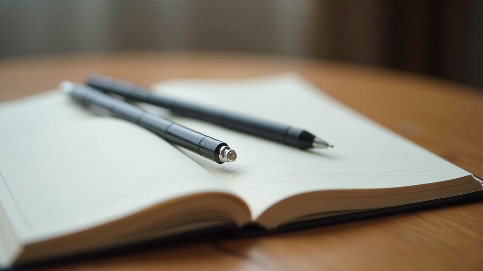Close-up view of a journal and pen on a wooden table, symbolizing reflection and therapy work