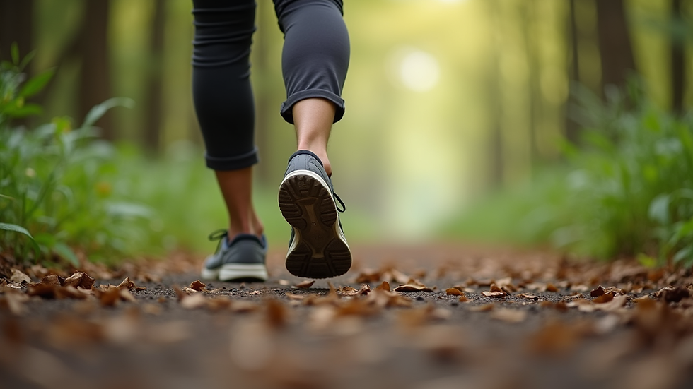 Close-up view of a person’s feet walking slowly on a forest path during mindful walking