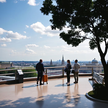 Three people stand on a rooftop terrace overlooking a cityscape with spires. One pulls an orange suitcase. Sunny day with trees and clouds.
