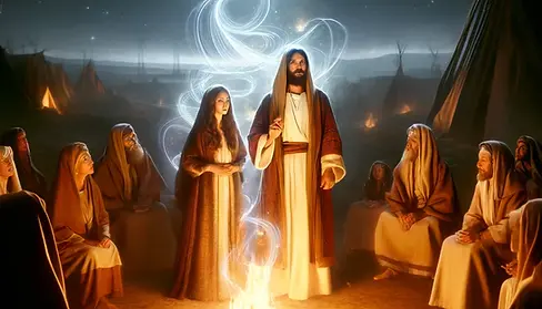 DALL·E 2025-03-20 16.49.40 - A biblical scene set at nighttime around a warm campfire. Jes