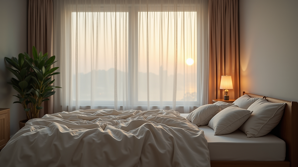 Eye-level view of a cozy bedroom with soft lighting and a comfortable bed