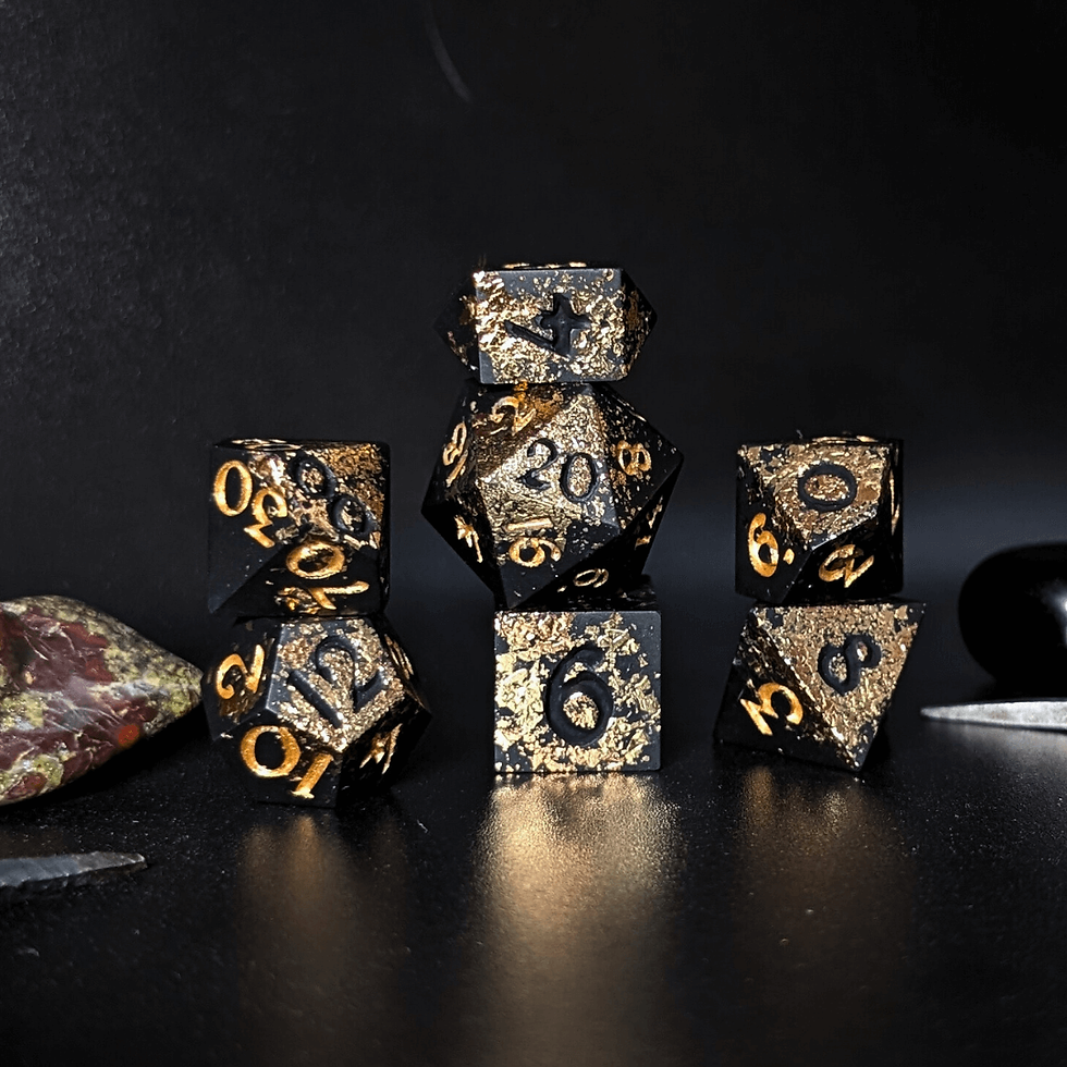 A faux-stone Jesmonite handmade dice set for Dungeons and Dragons and TTRPG's.