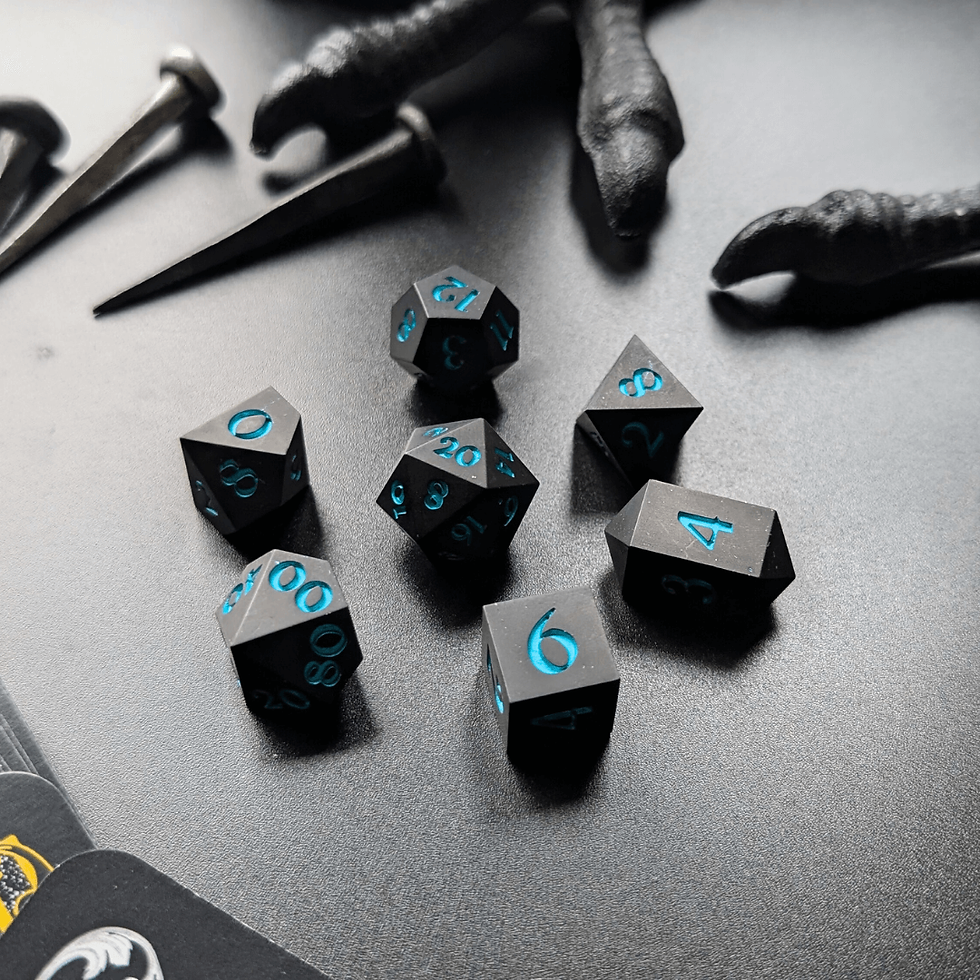 Black dice with blue numbers, Blood Stone Jesmonite Handmade Dice Set - Ready, on dark surface.
