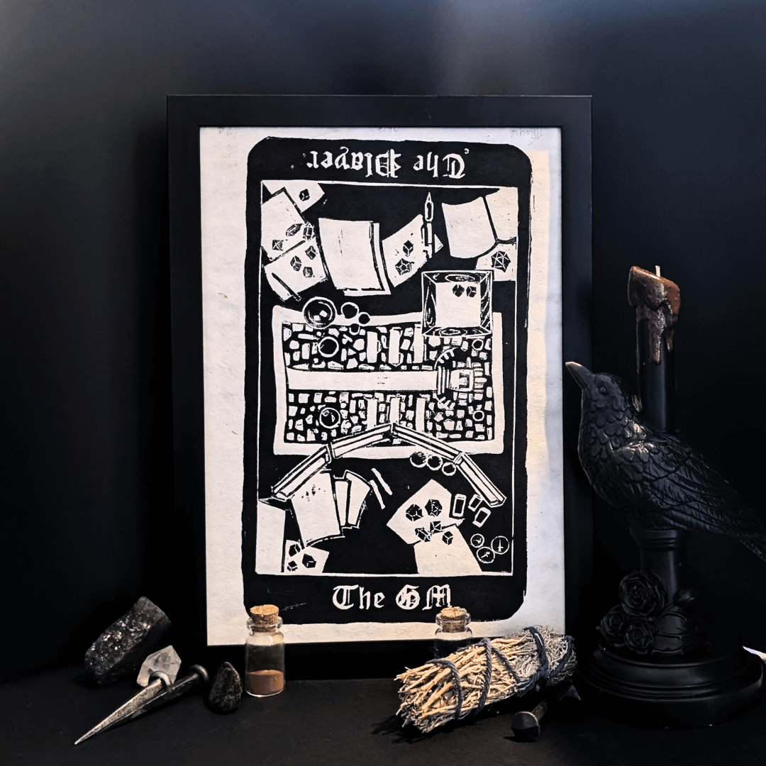 The Tabletop Tarot - A4 Lino Print with one side of The Player and one side The GM