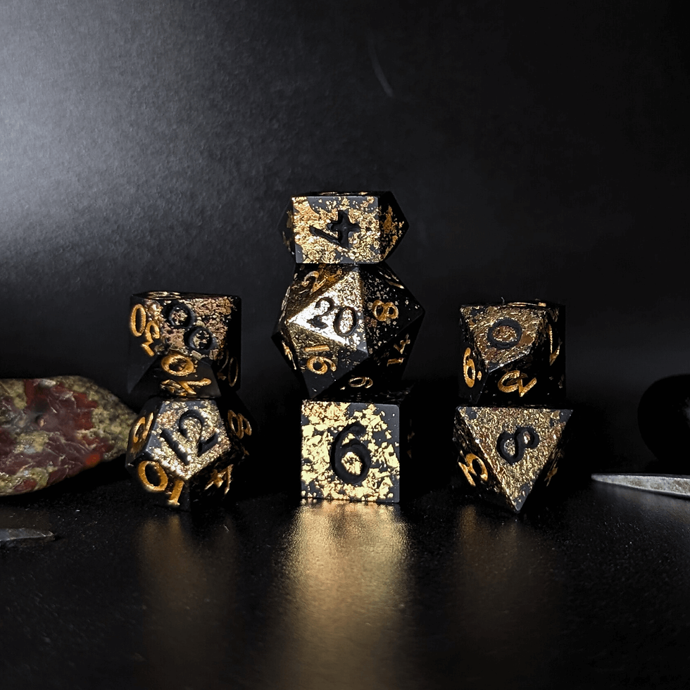 A faux-stone Jesmonite handmade dice set for Dungeons and Dragons and TTRPG's.