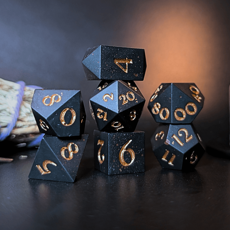 Blood Stone Jesmonite Handmade Dice Set - Ready with gold numbers and black background.