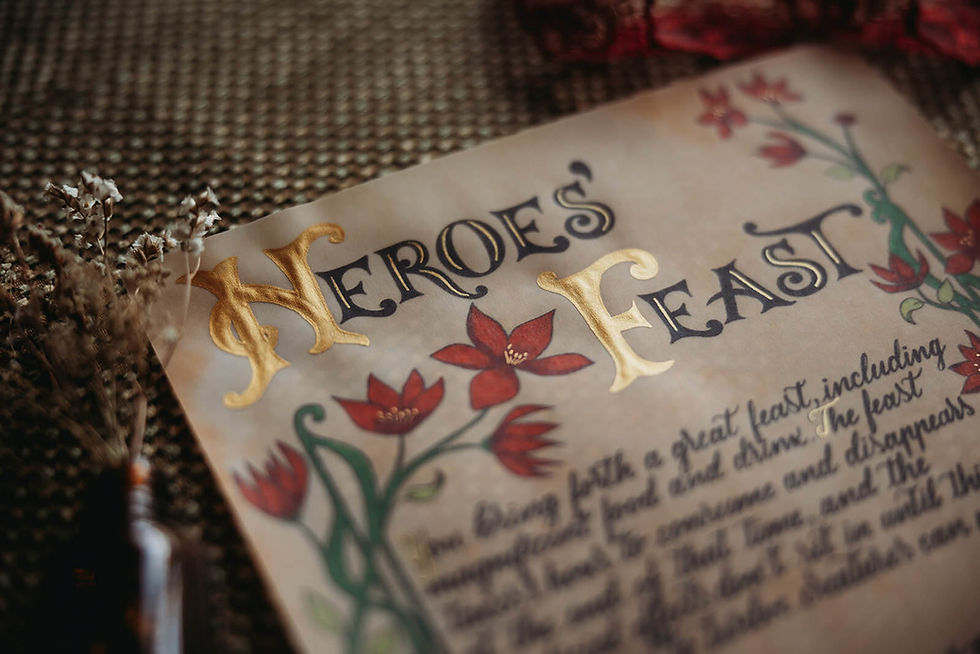 Thumbnail: Heroes Feast text on parchment with floral art and detailing the menu.
