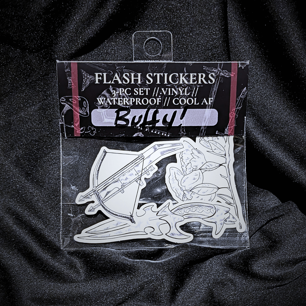 Thumbnail: A set of three stickers; they are black and white linework artwork. One is a crossbow, one is a flower, and one is a dagger