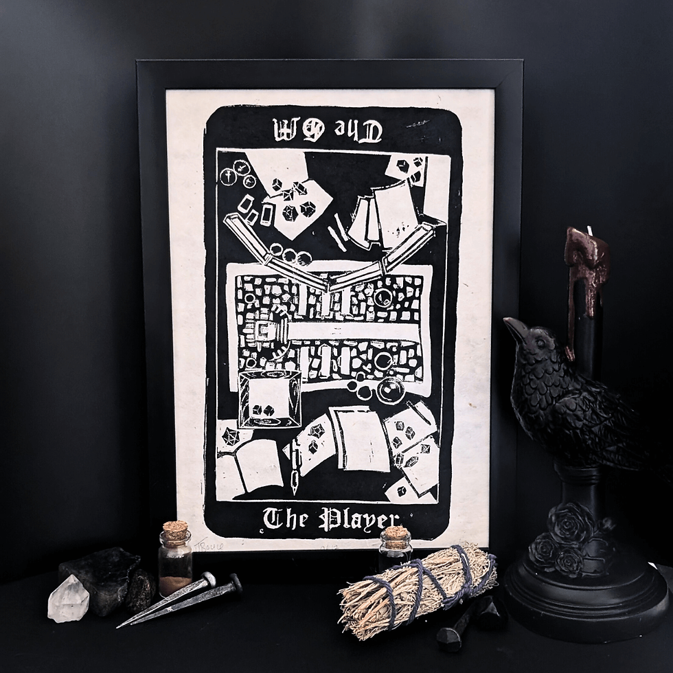 The Tabletop Tarot - A4 Lino Print with one side of The Player and one side The GM
