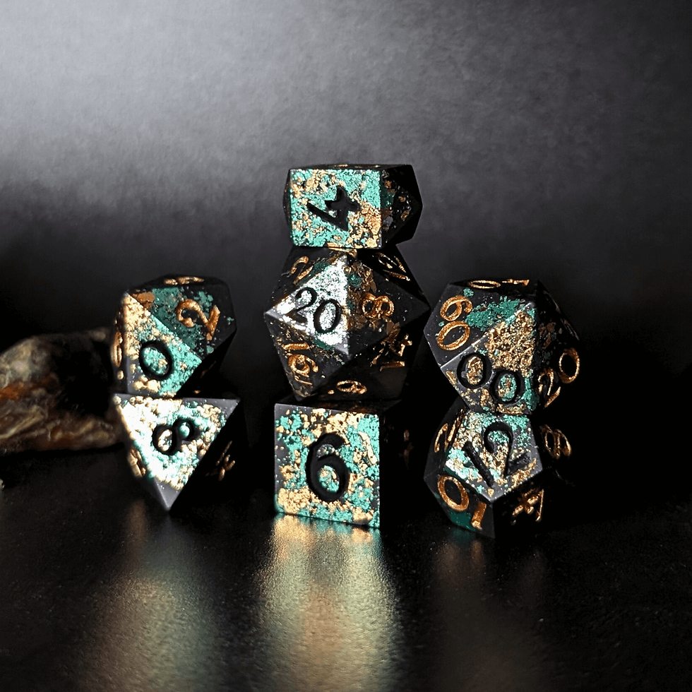 A faux-stone Jesmonite handmade dice set for Dungeons and Dragons and TTRPG's.