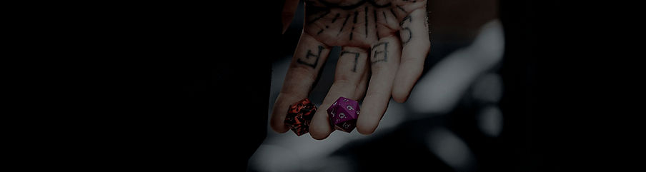 The header image shows a close up shot of a tattooed hand holding Roll Gothic D20 Dice between the fingers