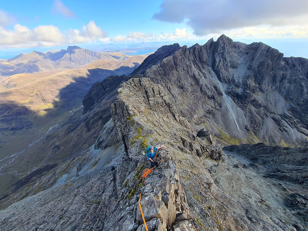 Guided ascent of the Inaccessible Pinnacle on the Skye Cuillin, featuring climbers on the