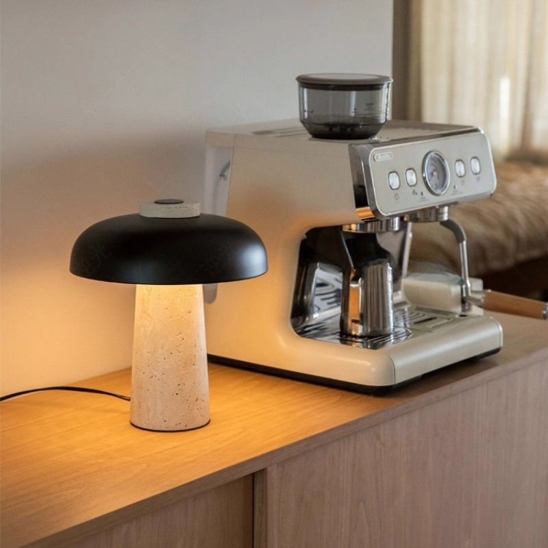 Miniatura: Lámpara de Mesa Stone Dome (travertino + aluminio, diseño europeo)