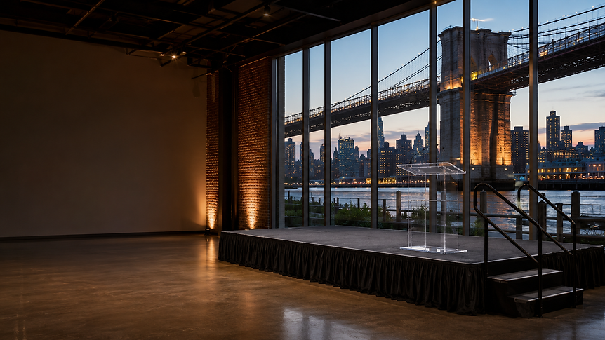 Professional stage rental setup at a Brooklyn waterfront event venue