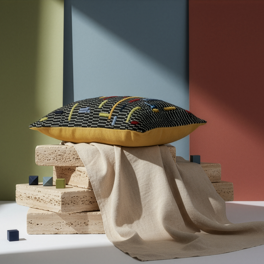 Renkli dokuma desenli Ada kırlent kılıfı, dekoratif bloklar üzerinde sergilenen ürün fotoğrafı