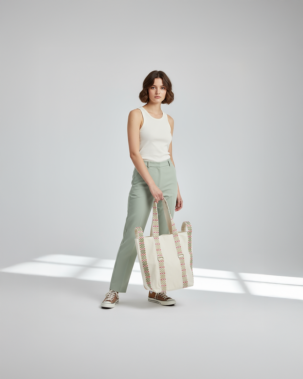 Modelin elde taşıdığı dokuma detaylı bej Ada omuz çantası – tam boy görünüm