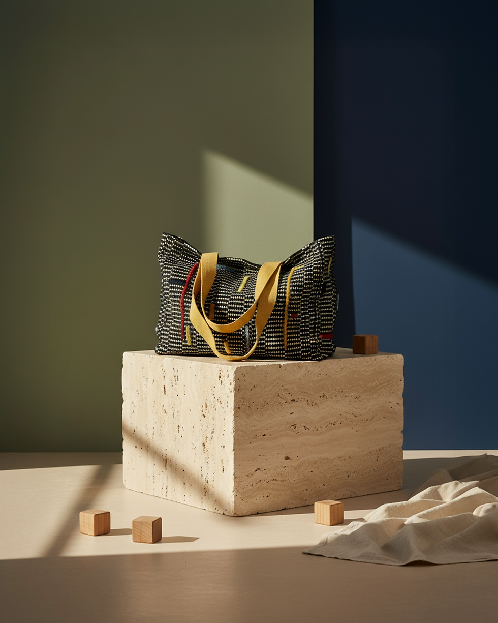 Renkli dokuma desenli Ada omuz çantası, taş blok üzerinde gölgeli ürün çekimi