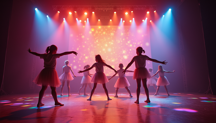 Eye-level view of a school stage with colorful scenic projections illuminating the dance floor