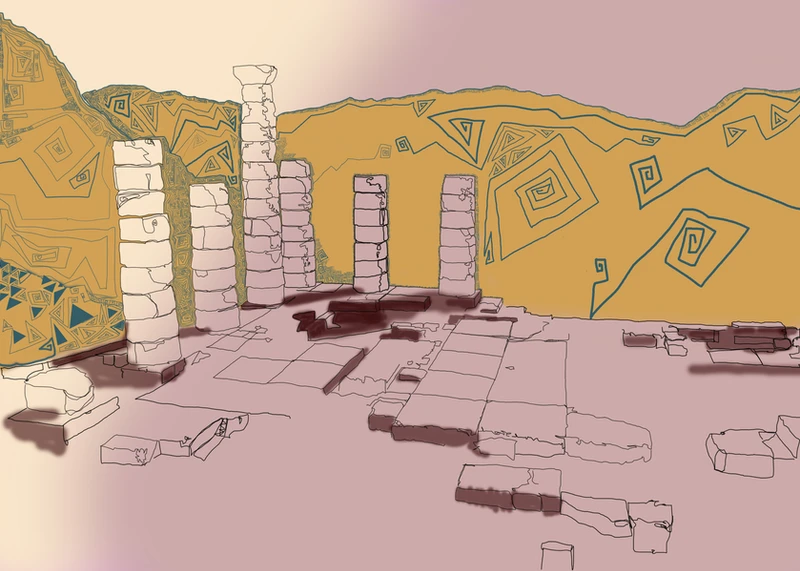 Adapted from an original photo taken at the Temple at Delphi, this represents the ancient vibe of the ORM Arena (art by Taylor Swank).
