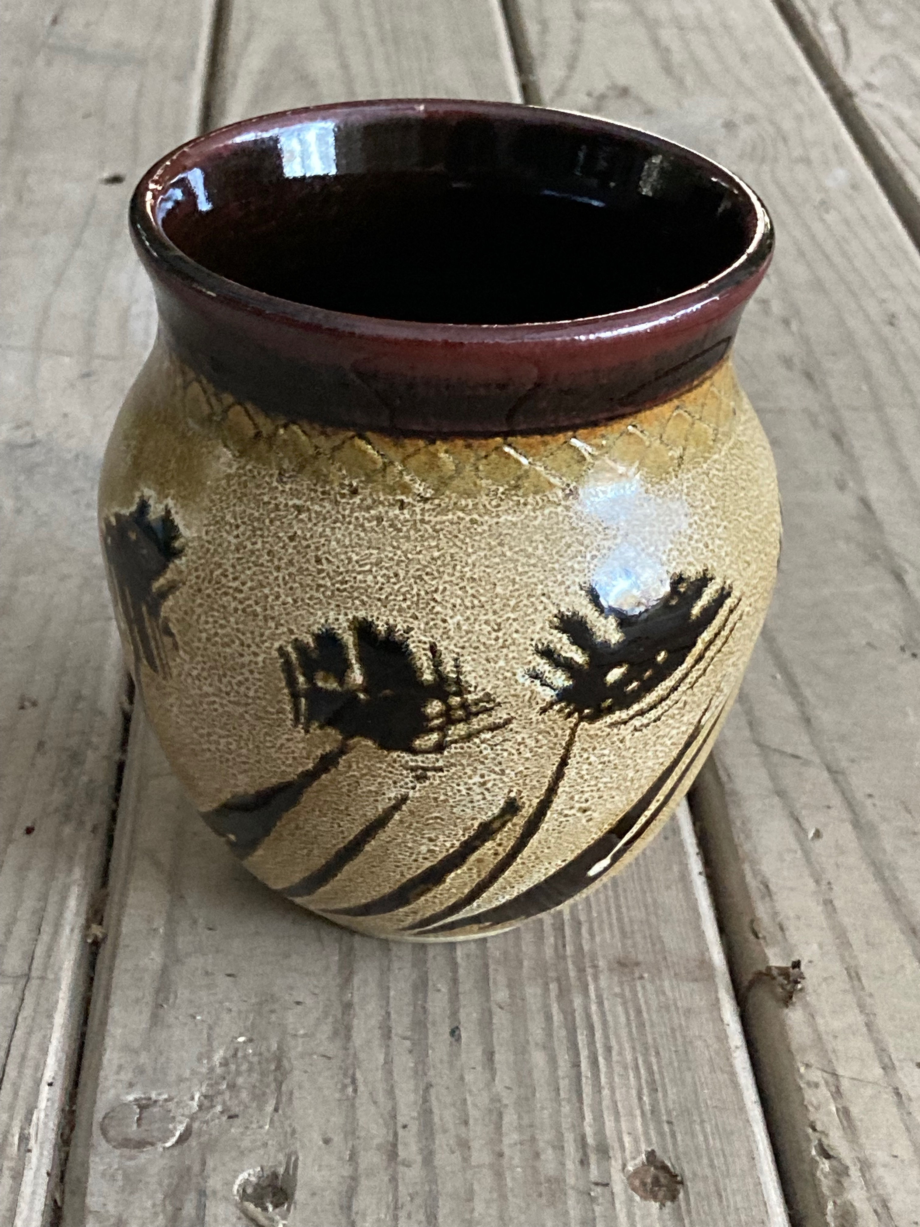 Temaku and wax resist glazed vase  4".X 5" .