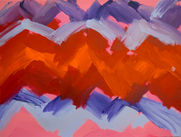 Untitled, 260501, acrylic on canvas, 36x48in. A zigzag mountain-range pattern in purple and orange mirrors itself top and bottom.