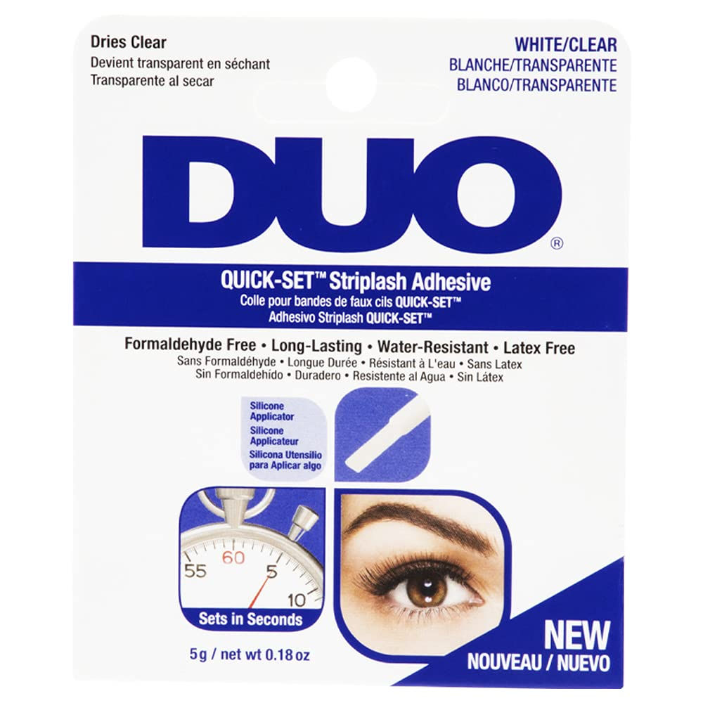duo pegamento de pestañas transparente con aplicador quick set 5g libre de látex.