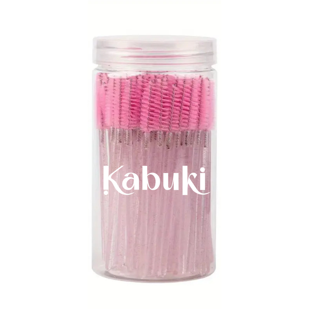 Pack 100 rimel desechables para pestañas spoolie Kabuki mango transparente rosado