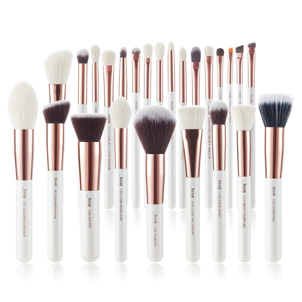 Set de 25 brochas profesionales Jessup T215 para maquillaje de alta precisión.