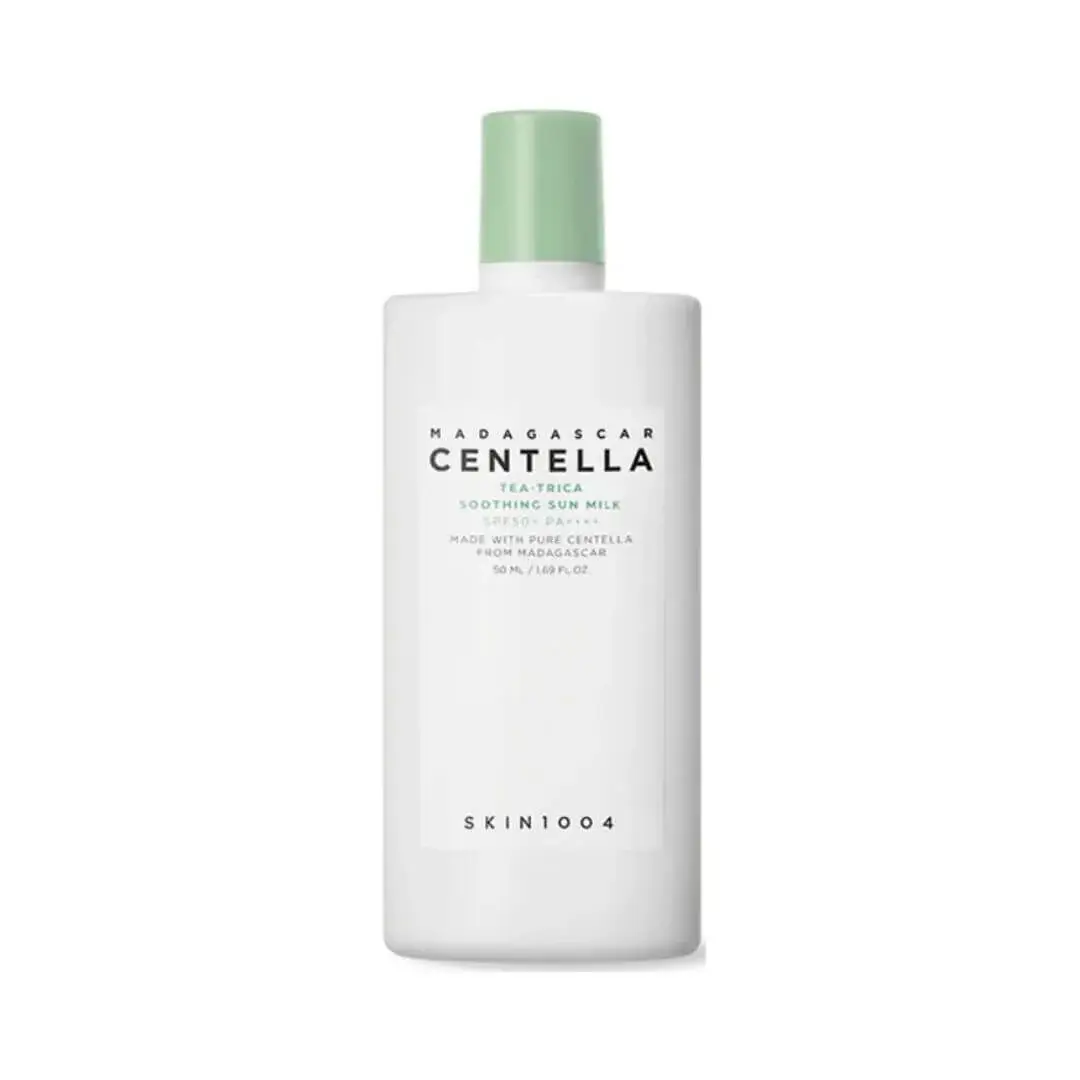 Skin1004 - Protector Solar Madagascar Centella Tea Trica Soothing Sun Milk en envase, protector solar ligero con centella asi