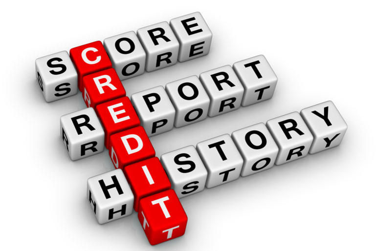 3D crossword with white and red blocks spelling "CREDIT" vertically, and "SCORE," "REPORT," "HISTORY" horizontally on a white background.
