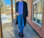 A purple Velvet knit sweater is a casual street style that pairs well with a Blundstone boot.