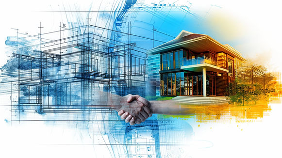 Handshake with blueprint and new house, construction concept, SchluesseldienstL, real estate.