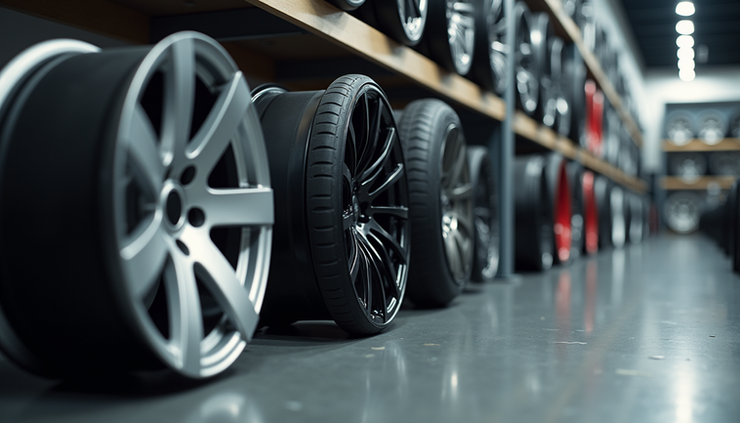 Eye-level view of a set of alloy racing wheels displayed in a showroom