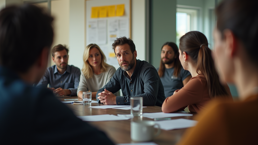 Eye-level view of a person speaking to a small group in a casual setting