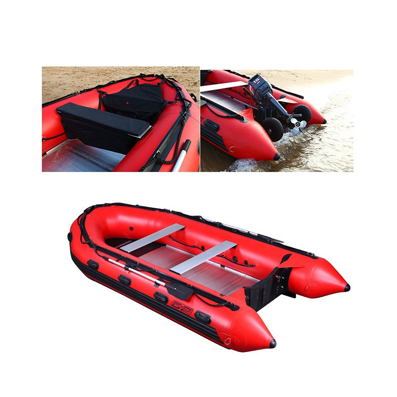 Red inflatable PVC canoe with seats and motor attachment
