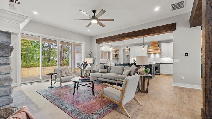 Family Room - Great Room - Wood Beams in Family Room - Family Room Windows - Large Windows - Open Floor Plan - Fort Wayne - Quality Crafted Homes
